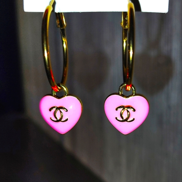 Chanel Pink Zipper Pull Hearts/14k Gold Plated Hoops - Picture 2 of 4